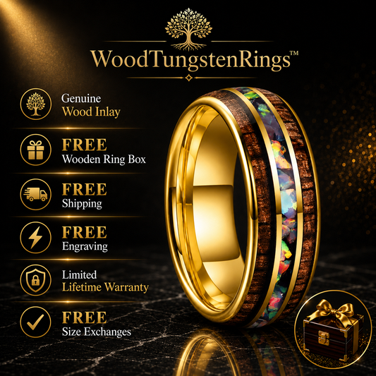 Koa Wood and Fire Opal Tungsten Ring