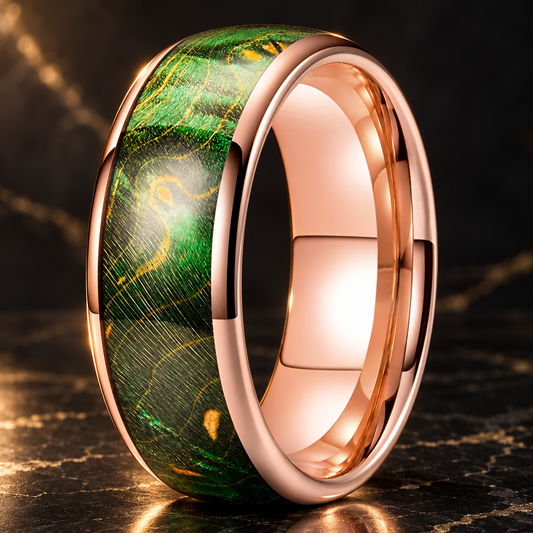 Colorful Dyed Elder Wood. Natural Grain Tungsten Rings.