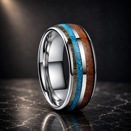 Deer Antler. Turquoise. Koa Wood Tungsten ring.