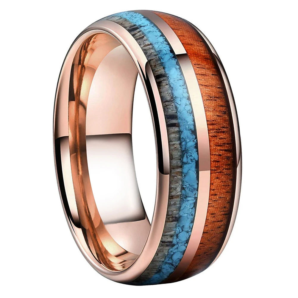 Deer Antler. Turquoise. Koa Wood Tungsten ring.