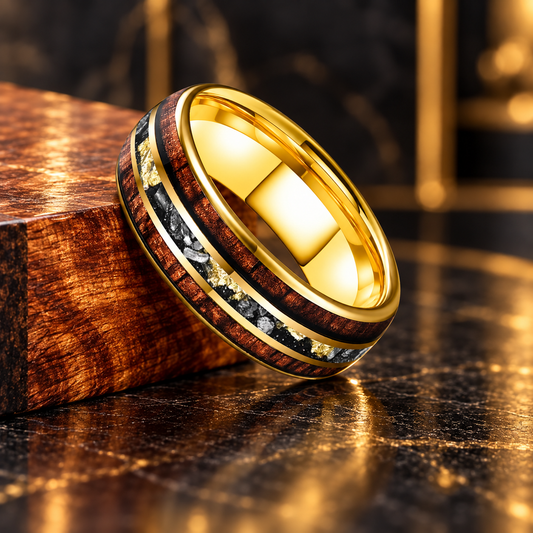 Hawaiian Koa Wood and Meteorite Tungsten Ring with Gold Foil