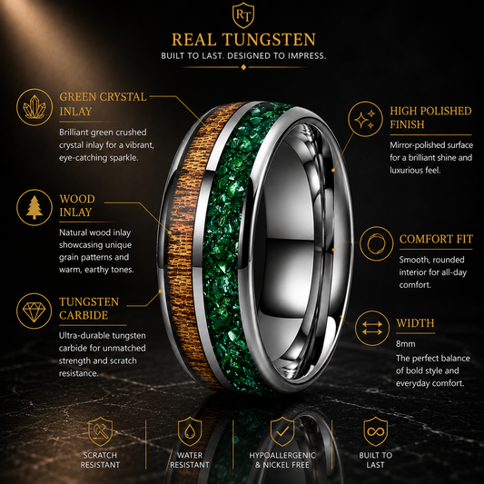 Green Crystal and Red Wood Tungsten Ring