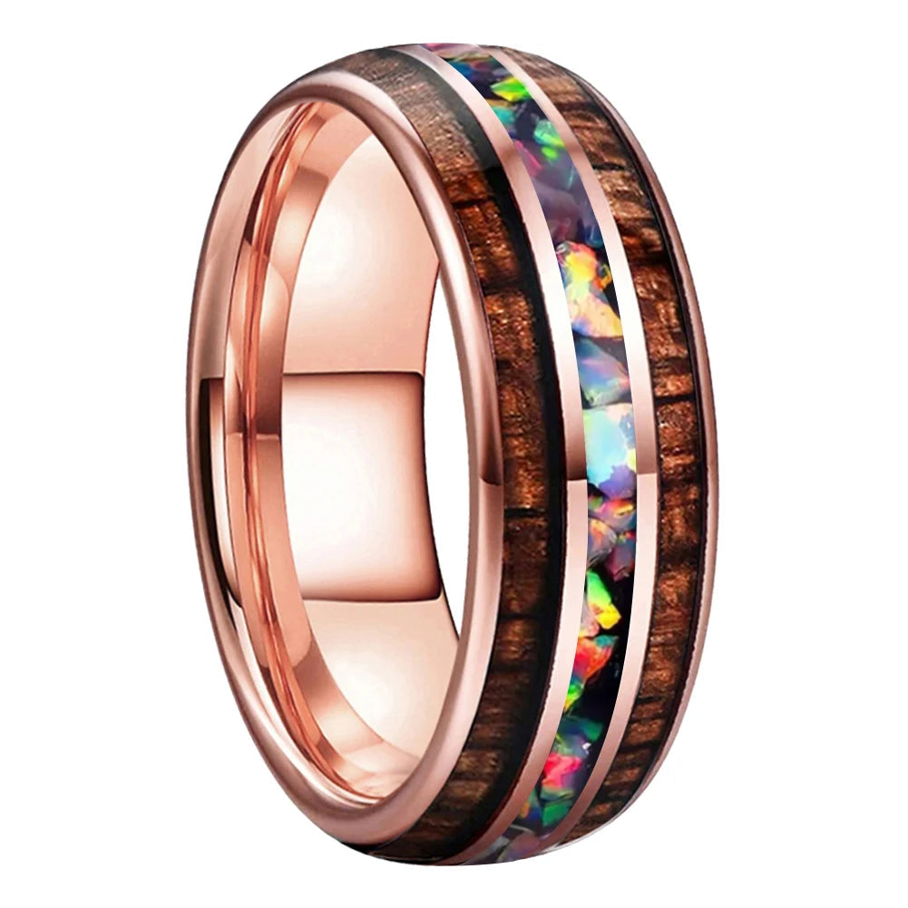 Koa Wood and Fire Opal Tungsten Ring
