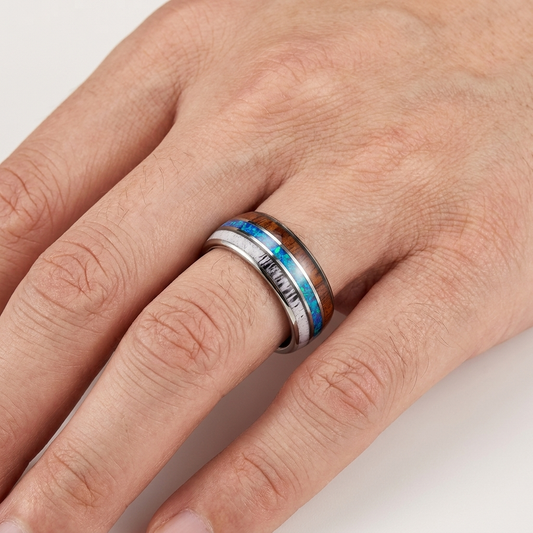 Silver Tungsten Ring with Deer Antler Blue opal & Wood inlay