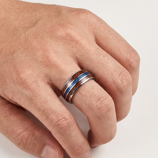 The Cosmicwood — Wood and Blue Meteorite Tungsten Ring