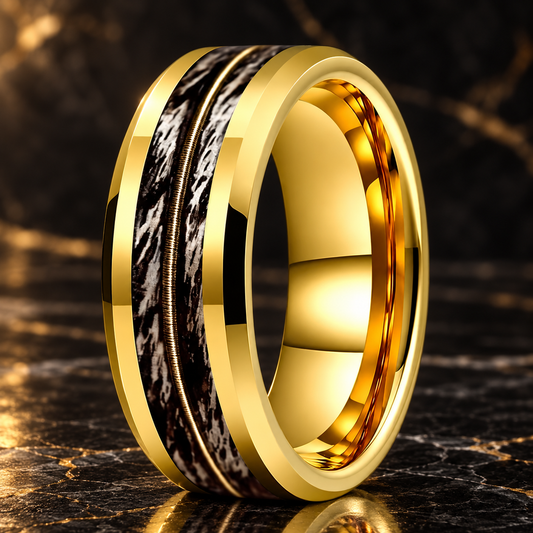 Tungsten Ring With Gray Oak Wood and Guitar String Inlay