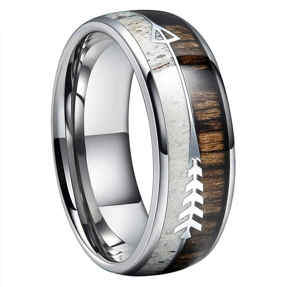 Zebrawood. Deer Antler. Arrow Inlay Tungsten Ring.