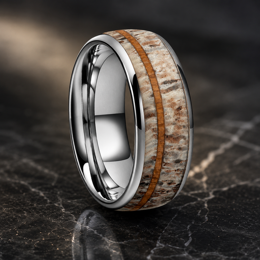 The Antlerwood - Deer Antler and Wood Tungsten Ring - Silver / 8MM / 6 - rings