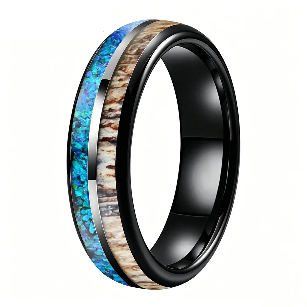The Foresthorn - Opal Antler and Redwood Tungsten Ring - 6mm Black / 14.5 - rings
