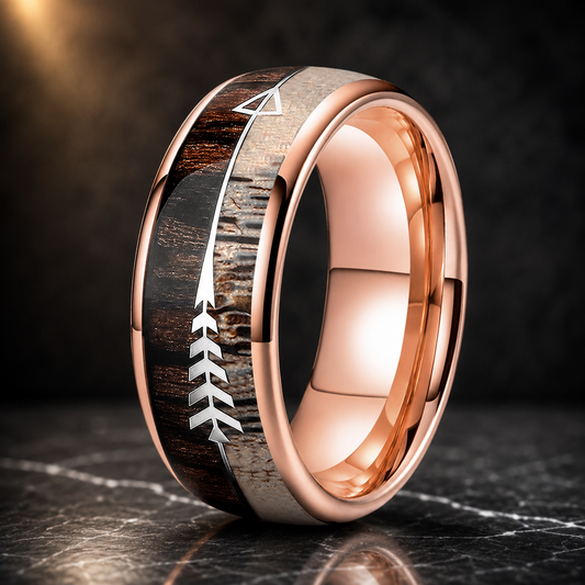 The Grovehorn - Koa Zebrawood and Antler Tungsten Ring - Rose Gold / 8MM / 13 - rings