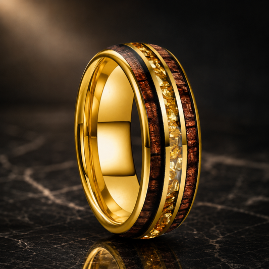 The Honeycrystal - Koa Wood and Gold Crystal Tungsten Ring - Gold 8mm / 5 - rings
