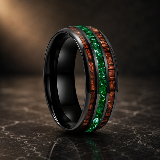 The Jade Koa - Koa Wood and Green Crystal Tungsten Ring - Black Color 8mm / 8 - rings