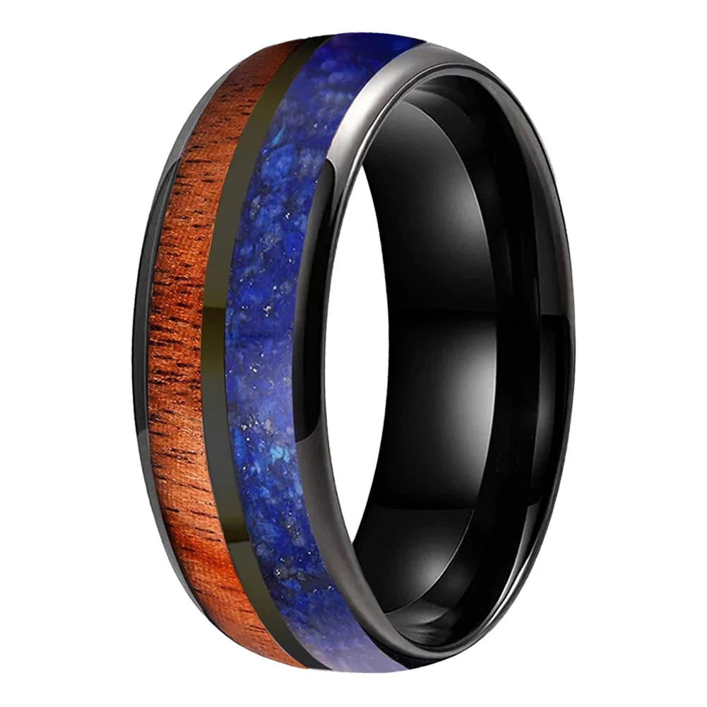The Lapiswood, Blue Lapis and Koa Wood Tungsten Ring - Black Color 8mm / Width 8mm / 6.5 - rings