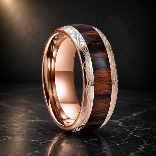 The Leafvein - Koa and Dark Red Wood Tungsten Ring - Engraving Rose Gold / 8MM / 6 - rings