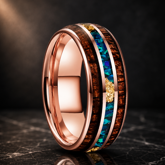 The Opal Ember - Koa Wood Opal and Gold Foil Tungsten Ring - rings