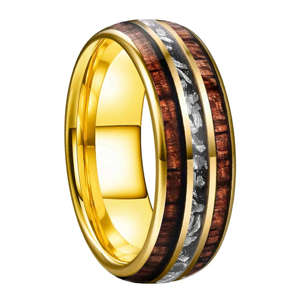 The Starforge Koa, Koa Wood and Meteorite Tungsten Ring - Gold Color 8mm / 8MM / 13.5 - rings