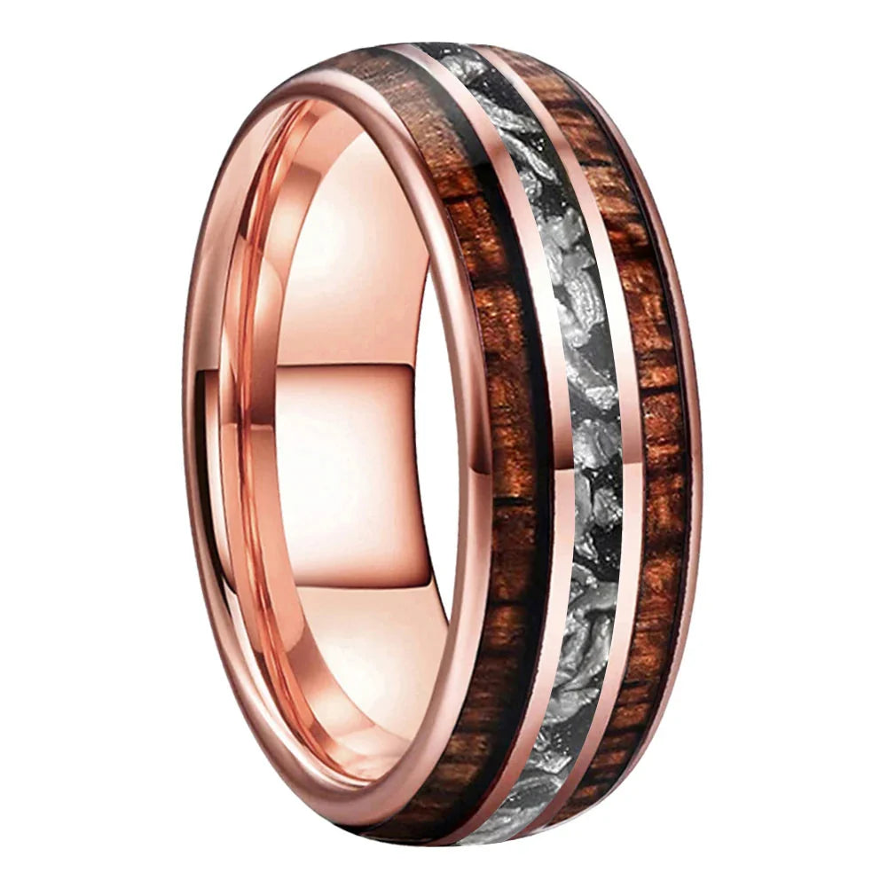 The Starforge Koa, Koa Wood and Meteorite Tungsten Ring - Rose Gold 8mm / 8MM / 6 - rings