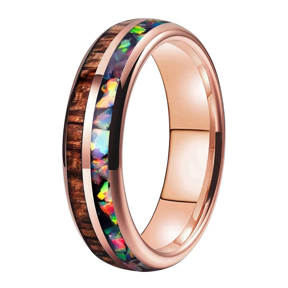 Koa Wood and Fire Opal Tungsten Ring