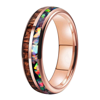 Koa Wood and Fire Opal Tungsten Ring