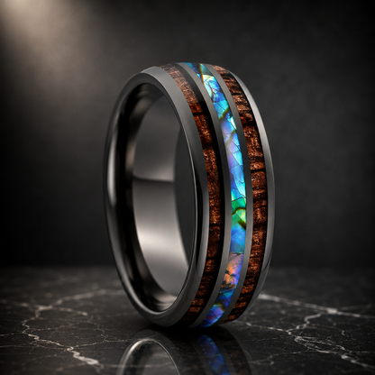 Abalone Shell. Hawaiian Koa Wood Tungsten Ring.