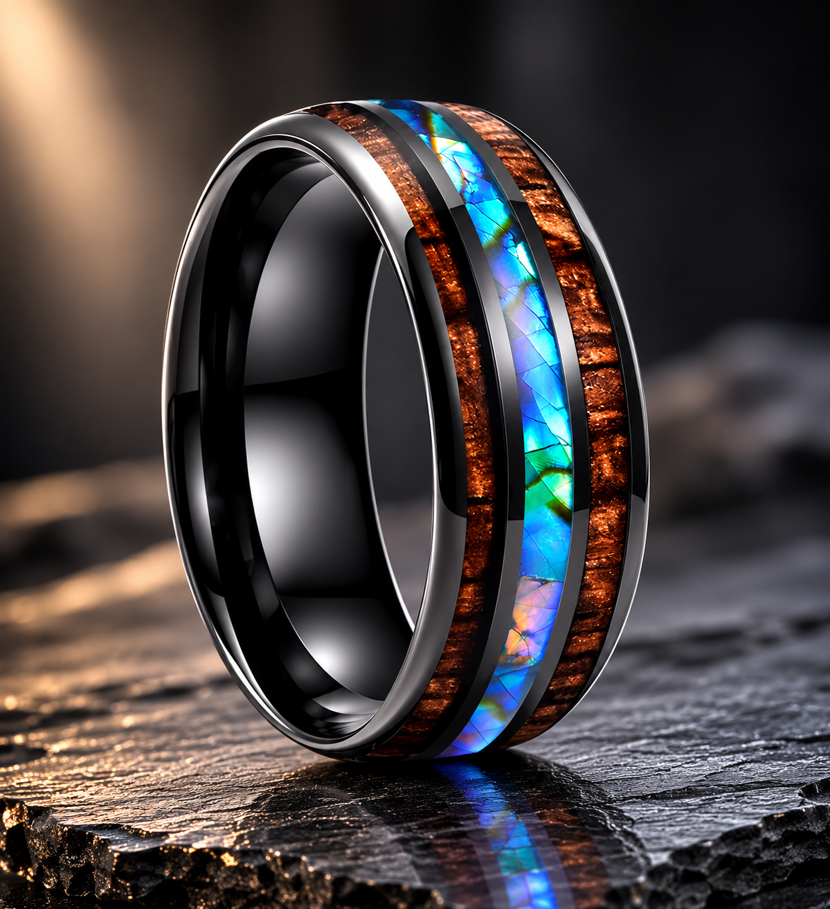 Abalone Shell. Hawaiian Koa Wood Tungsten Ring.