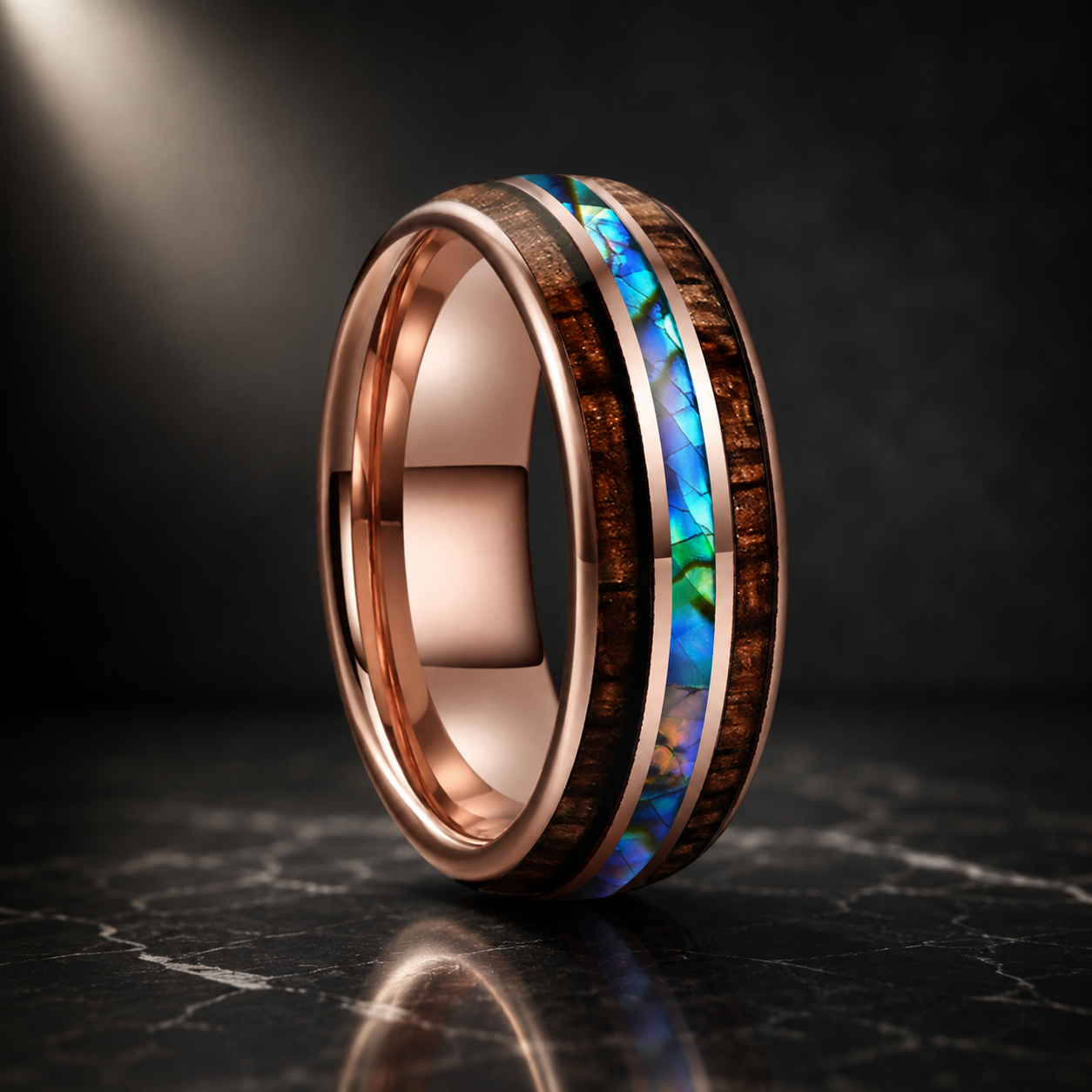 Abalone Shell. Hawaiian Koa Wood Tungsten Ring.