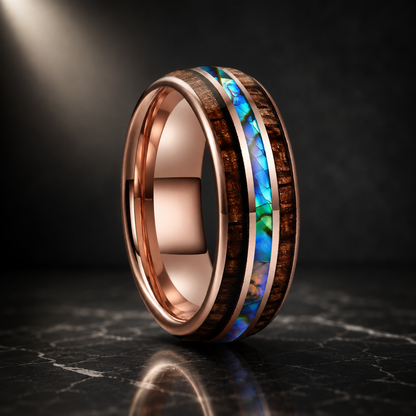 Abalone Shell. Hawaiian Koa Wood Tungsten Ring.