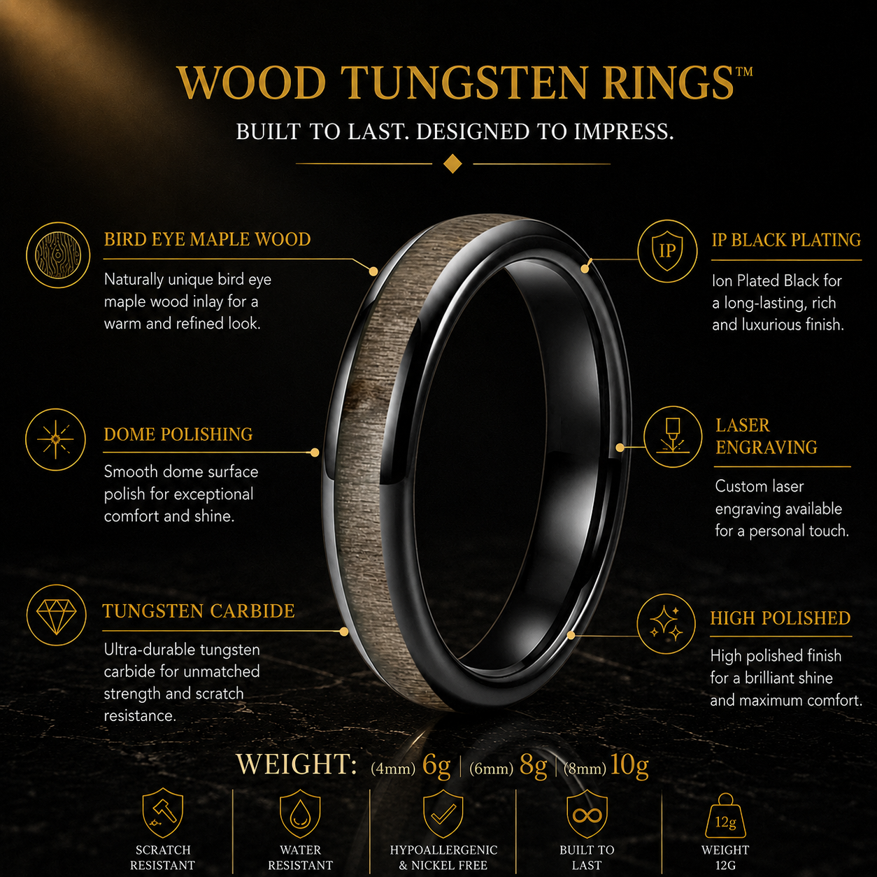 Bird's Eye Maple Wood tungsten Ring