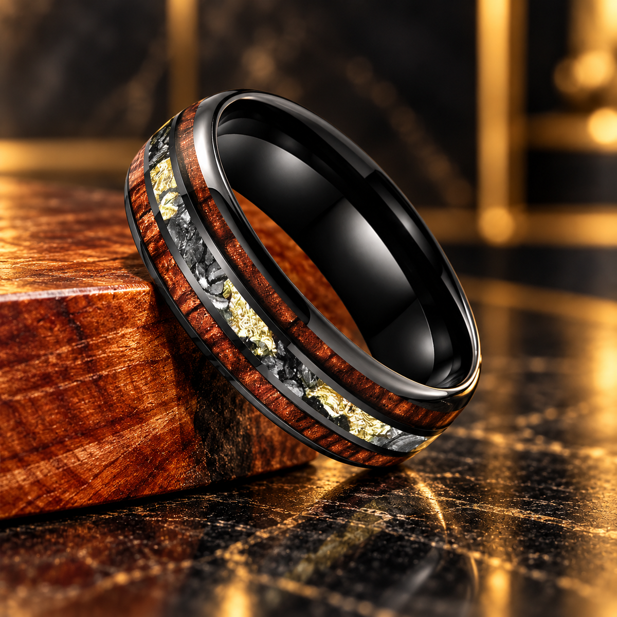 Hawaiian Koa Wood and Meteorite Tungsten Ring with Gold Foil