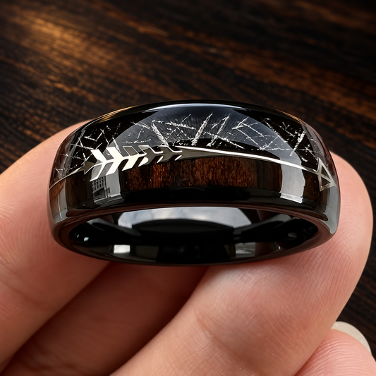 The Voidkoa - Black Meteorite and Koa Wood Tungsten Ring