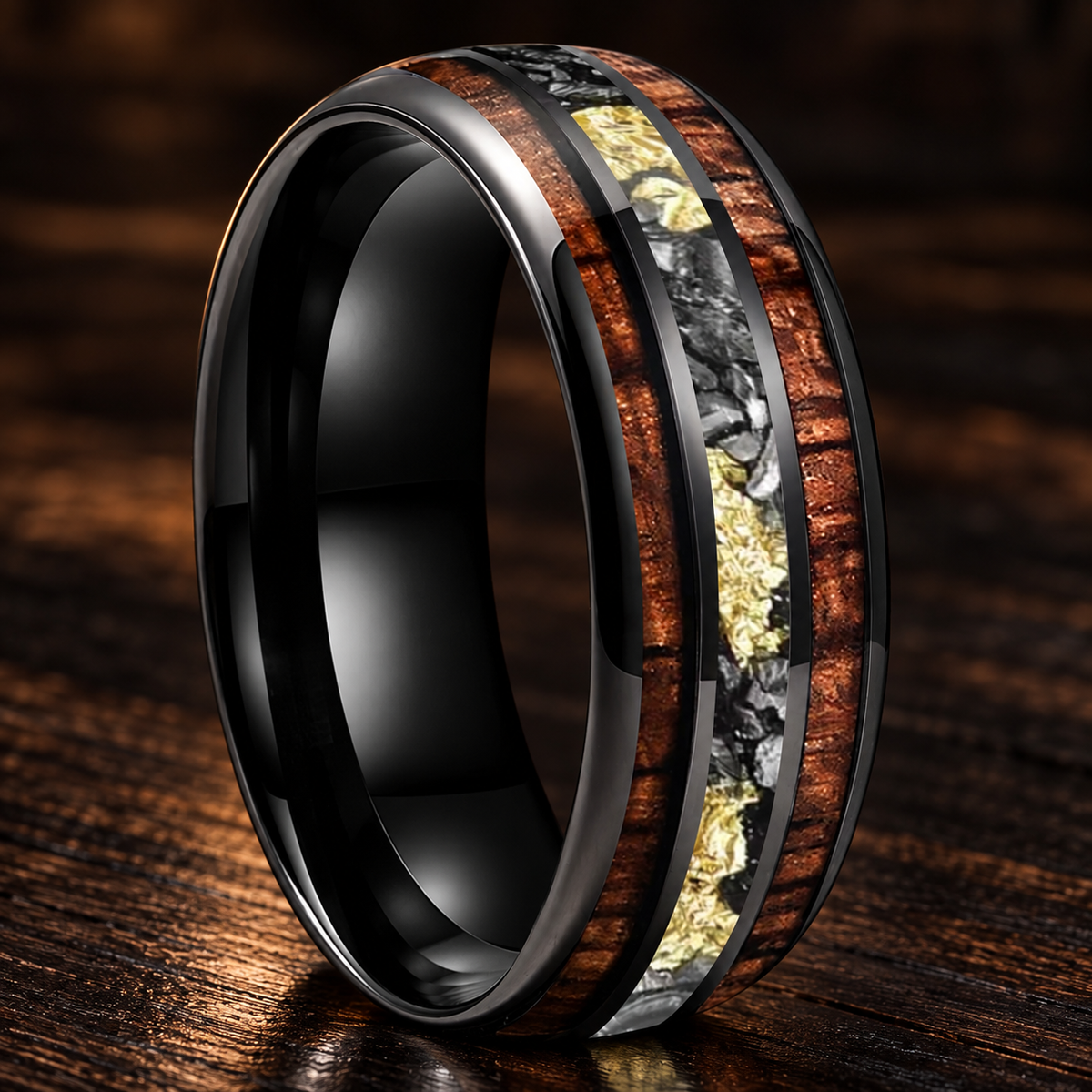 Hawaiian Koa Wood and Meteorite Tungsten Ring with Gold Foil
