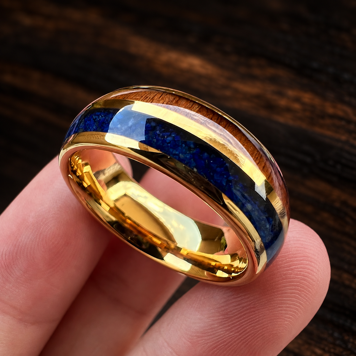 The Lapiswood — Blue Lapis and Koa Wood Tungsten Ring