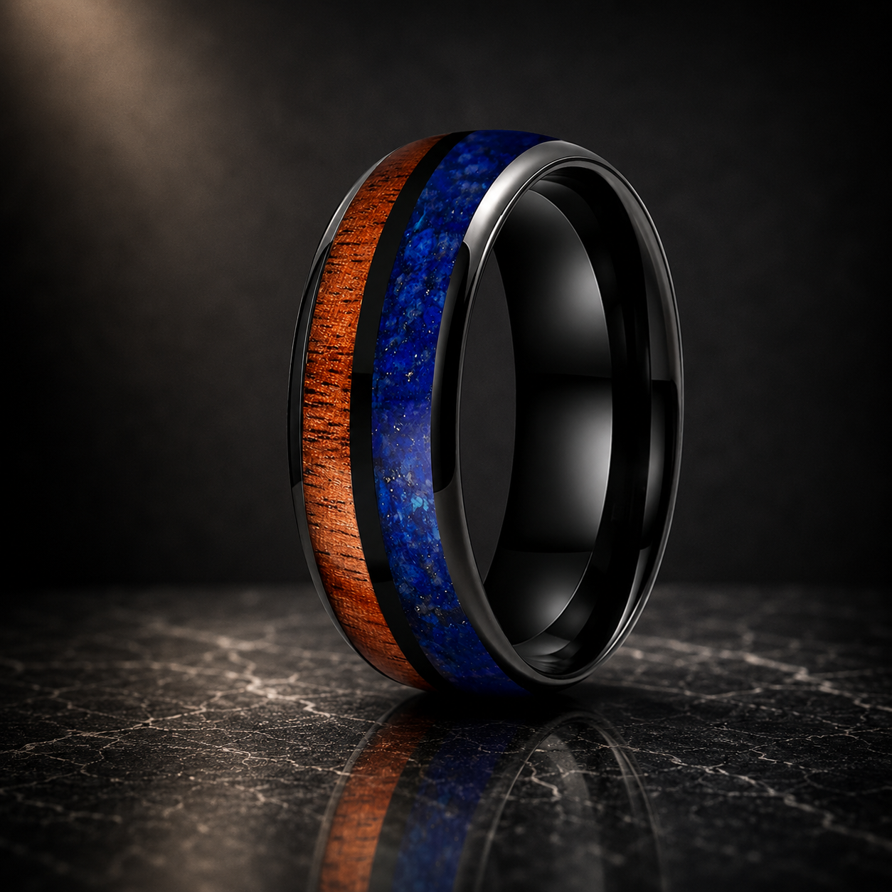 Blue Lapis. Hawaiian Koa Wood Tungsten Ring