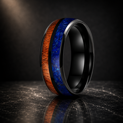 Blue Lapis. Hawaiian Koa Wood Tungsten Ring