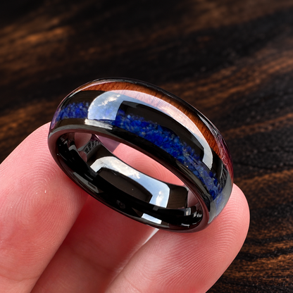 The Lapiswood — Blue Lapis and Koa Wood Tungsten Ring
