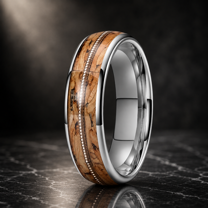Brown Wood and Guitar String Tungsten Ring