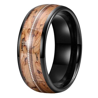 Brown Wood and Guitar String Tungsten Ring