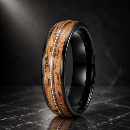 Brown Wood and Guitar String Tungsten Ring
