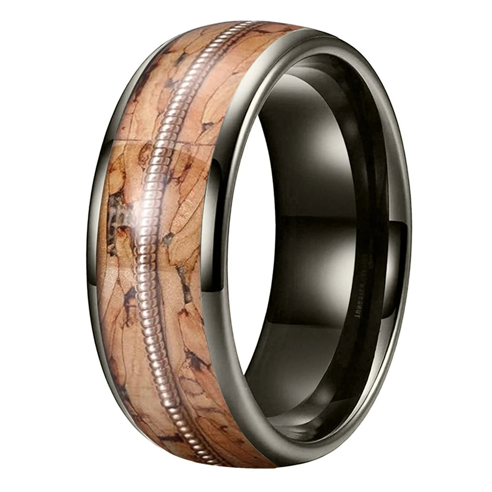 Brown Wood and Guitar String Tungsten Ring
