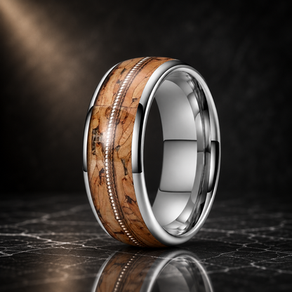 Brown Wood and Guitar String Tungsten Ring