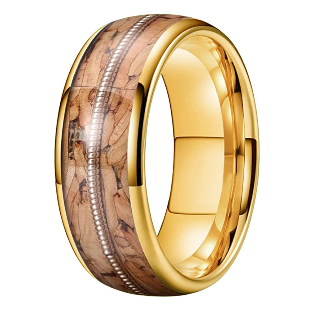 Brown Wood and Guitar String Tungsten Ring