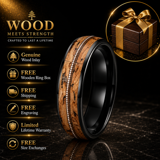 Brown Wood and Guitar String Tungsten Ring