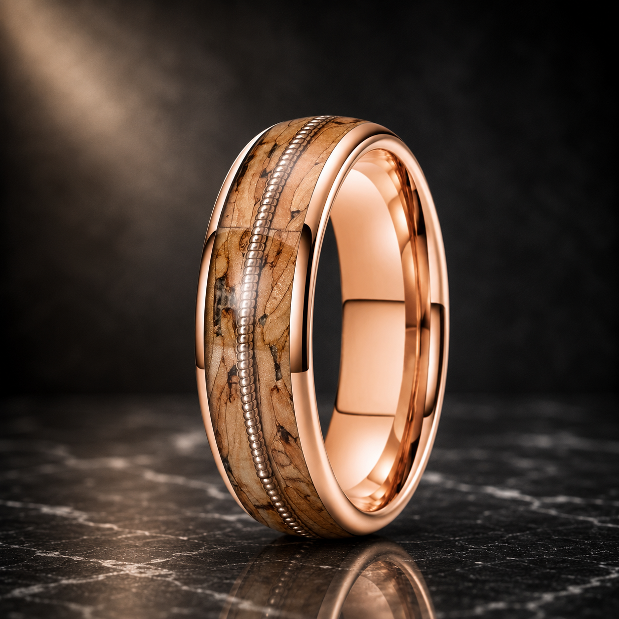 Brown Wood and Guitar String Tungsten Ring