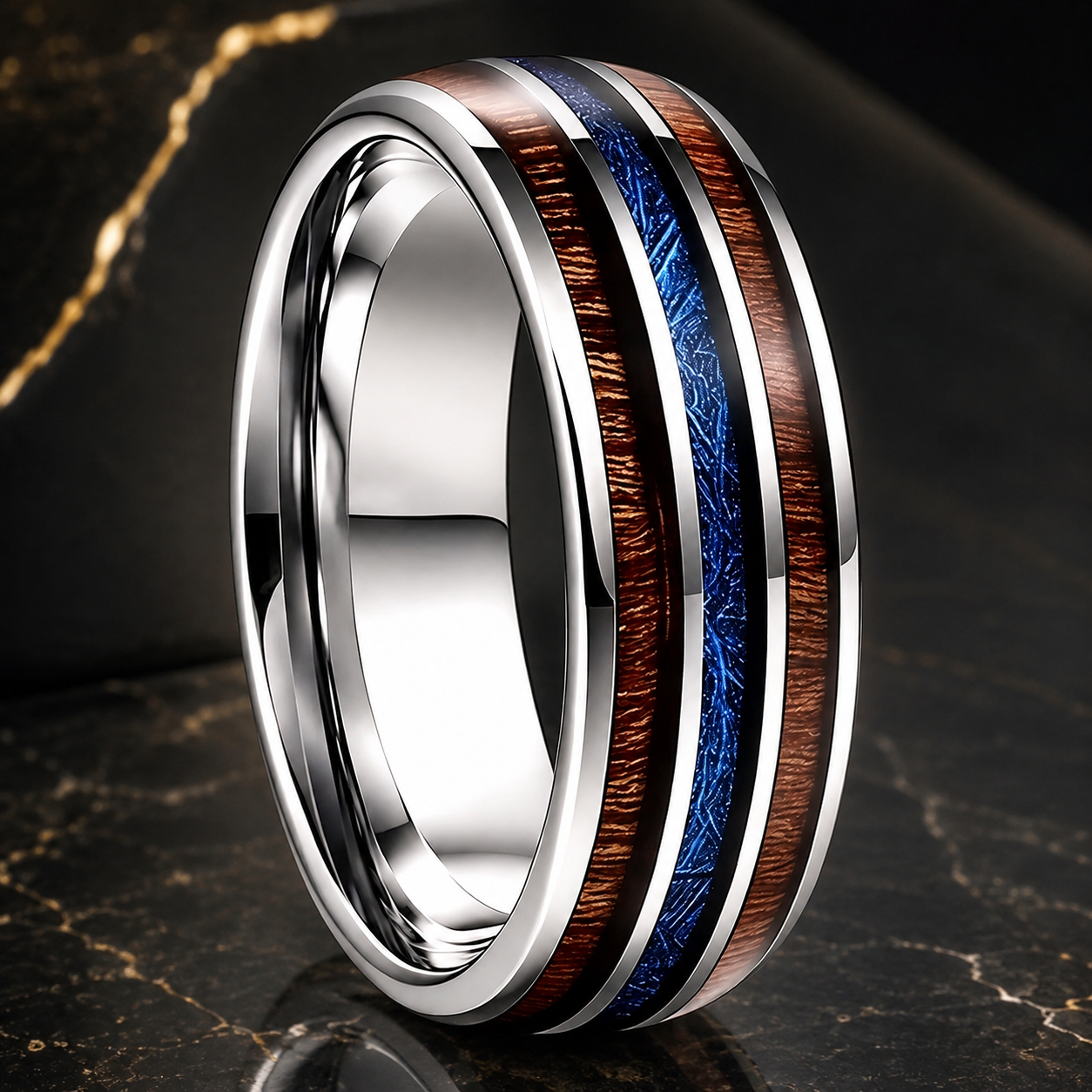 Wood and Blue Meteorite Tungsten Ring