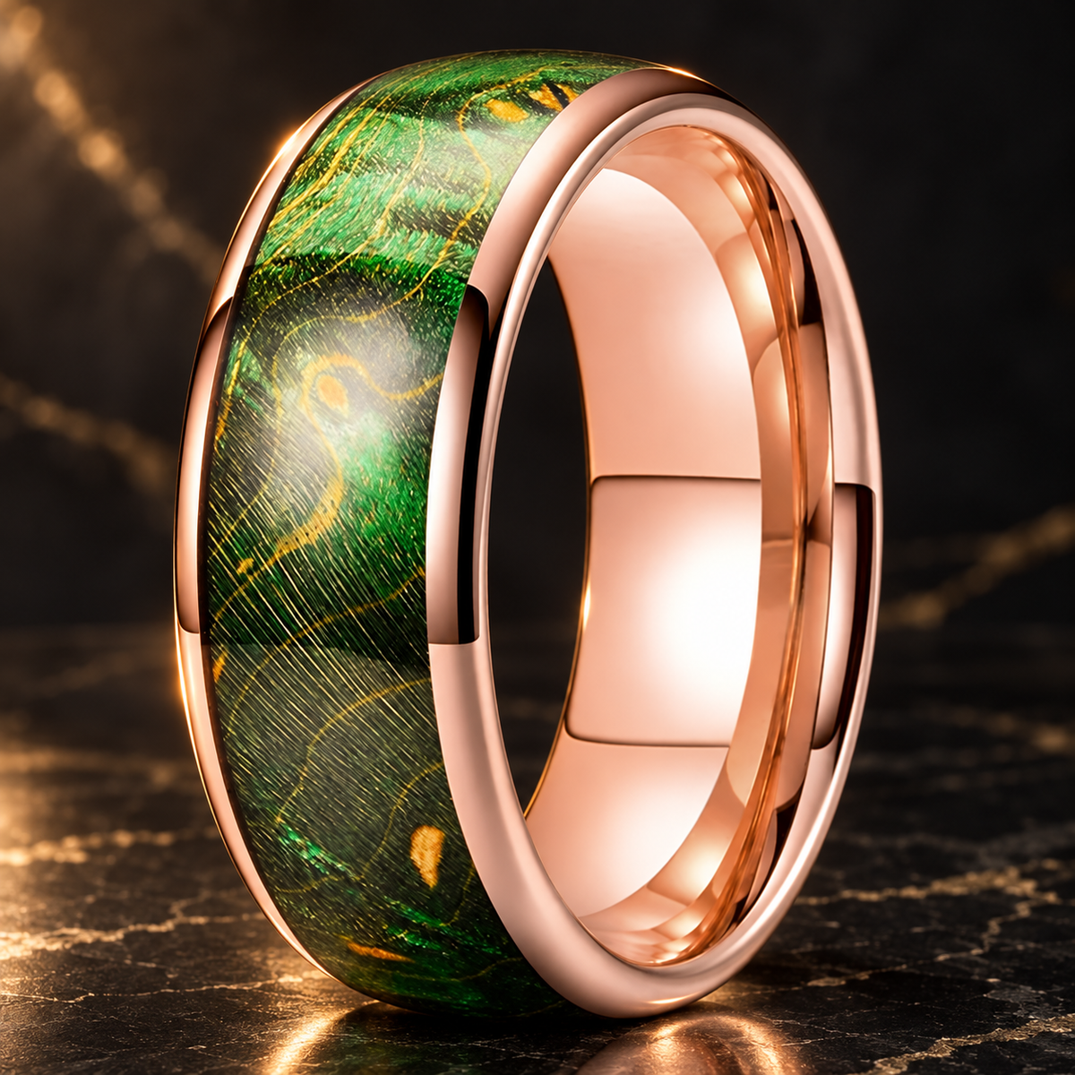 Colorful Dyed Elder Wood. Natural Grain Tungsten Rings.