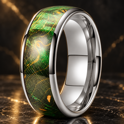 Colorful Dyed Elder Wood. Natural Grain Tungsten Rings.