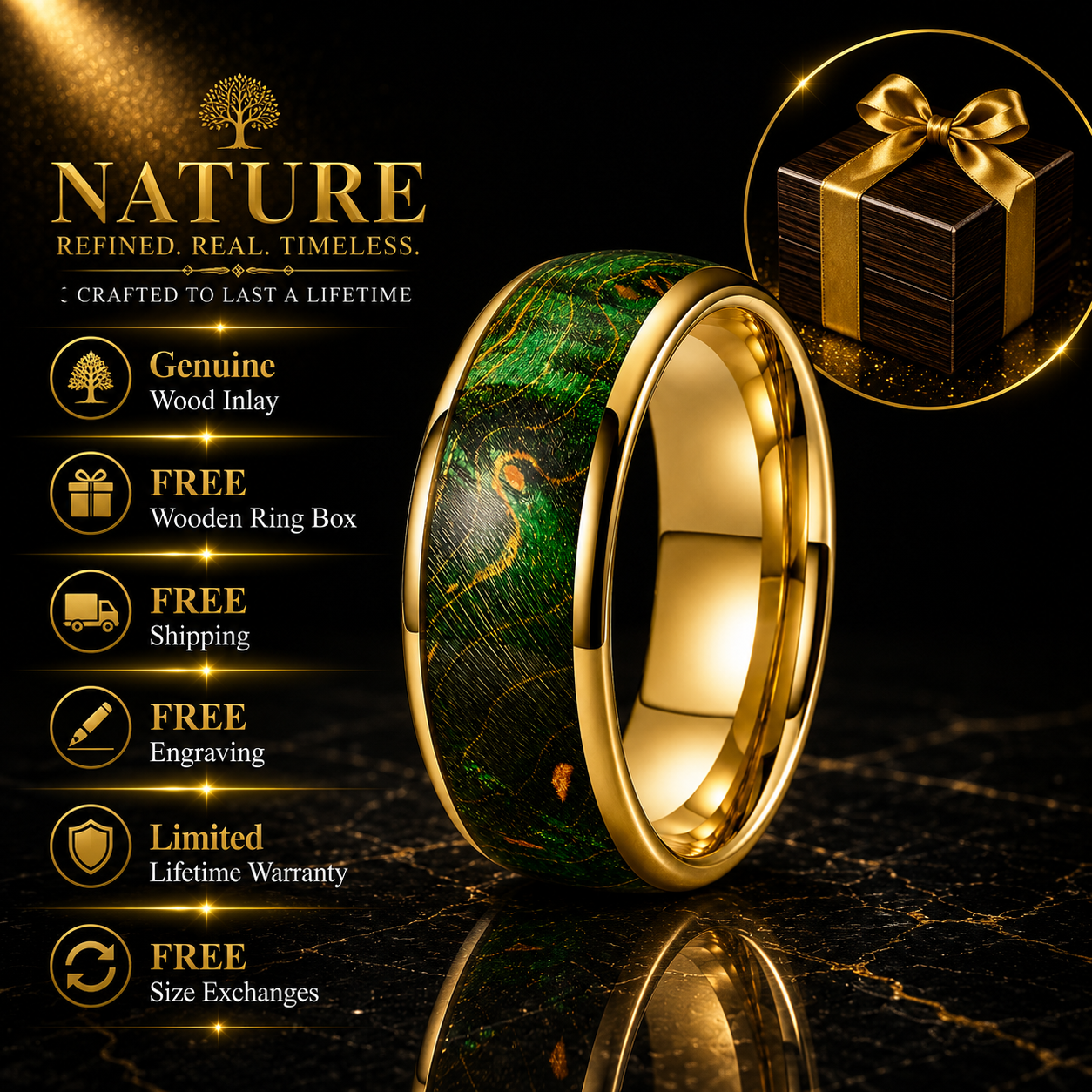 Colorful Dyed Elder Wood. Natural Grain Tungsten Rings.