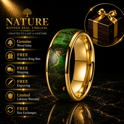 Colorful Dyed Elder Wood. Natural Grain Tungsten Rings.