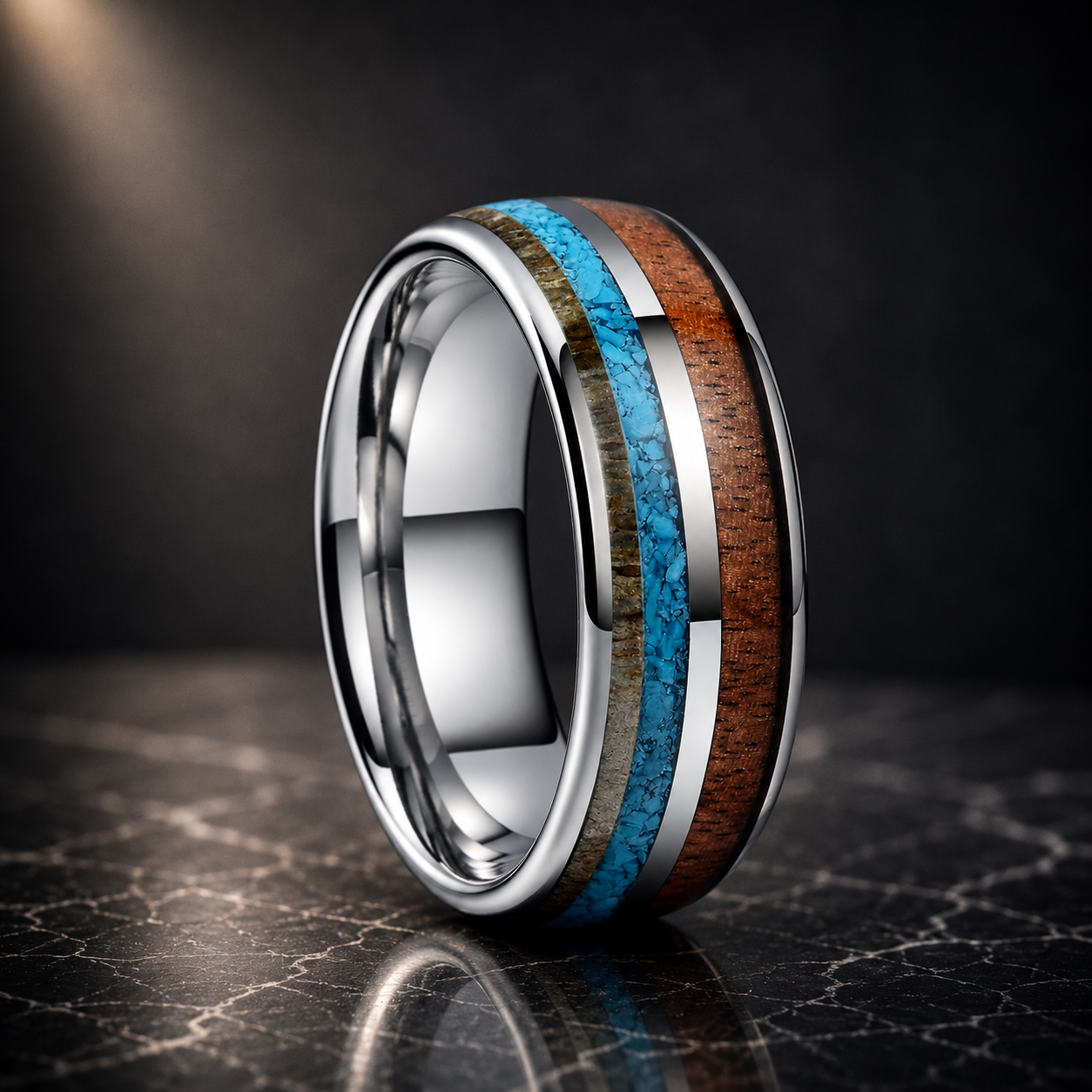 Deer Antler. Turquoise. Koa Wood Tungsten ring.