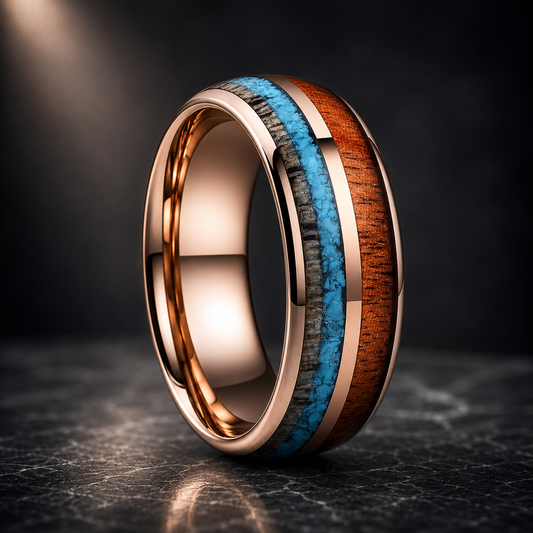 Deer Antler. Turquoise. Koa Wood Tungsten ring.